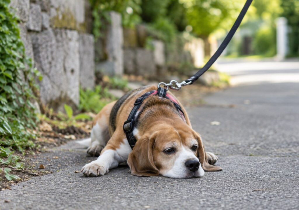 Starší beagle ležiaci na ceste